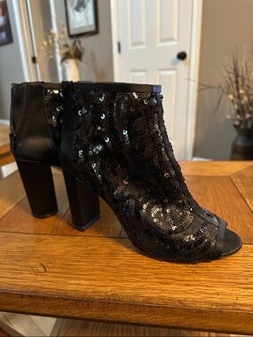 Audrey Brooke Black Sequin Open-Toe Block Heel Ankle Boots